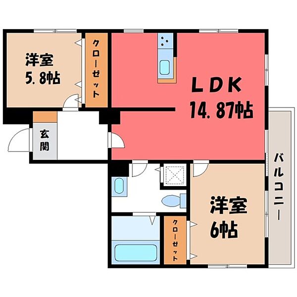 メルローズコート ｜栃木県宇都宮市簗瀬町(賃貸マンション2LDK・9階・60.00㎡)の写真 その2