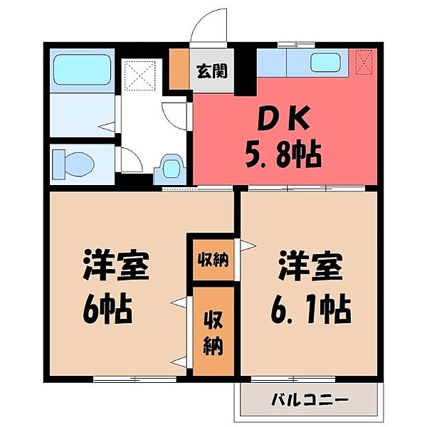 エコーハイツ B ｜栃木県下野市医大前4丁目(賃貸アパート2K・2階・43.09㎡)の写真 その2