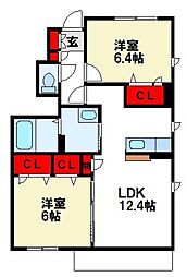 クオレール観世 1階2LDKの間取り