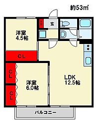 プレジール須玖 2LDKの間取図画像