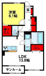 プロスペール通古賀6 1LDKの間取図画像