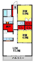 アポロ二日市 2LDKの間取図画像