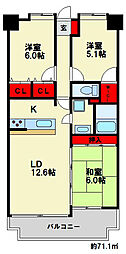スカイハイツ春日1番館 3LDKの間取図画像