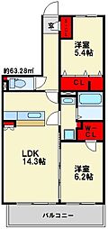グランソレイユ 2LDKの間取図画像