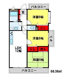 シャトレ天拝 3LDKの間取図画像