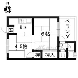JR山陰本線 太秦駅 徒歩10分の賃貸マンション 2階2Kの間取り
