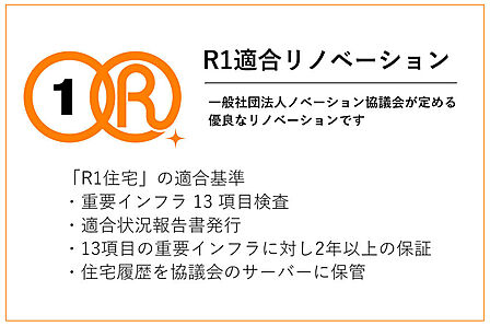 <R1適合リノベーション>一般社団法人リノベーション協議会が定める “優良なリノベーション”の統一規格。重要インフラ13項目検査や適合状況報告書発行など安心してご購入いただける基準を満たしています