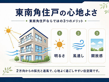 東南角住戸ならではの2方向からの採光・通風。明るく開放感のある住空間が魅力です。