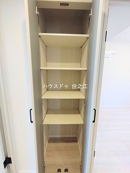 室内クローゼットに加えて、廊下側にも収納スペースが隣接しており、収納力に優れています。