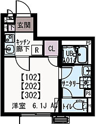 イクシオ小田 1階1Kの間取り