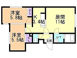 札幌市豊平区月寒東一条2丁目マンション 2LDKの間取図画像