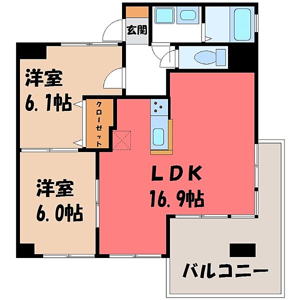 カルム竹林 ｜栃木県宇都宮市竹林町(賃貸マンション2LDK・2階・61.30㎡)の写真 その2