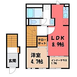 JR東北本線 雀宮駅 徒歩14分の賃貸アパート 2階1LDKの間取り