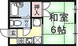 レユニオン若草 2階1Kの間取り