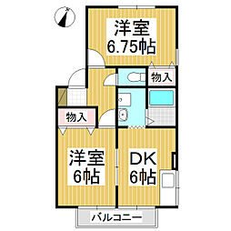 ハイカムールカキザキB 2DKの間取図画像