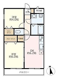 セザールみずほ台 2DKの間取図画像