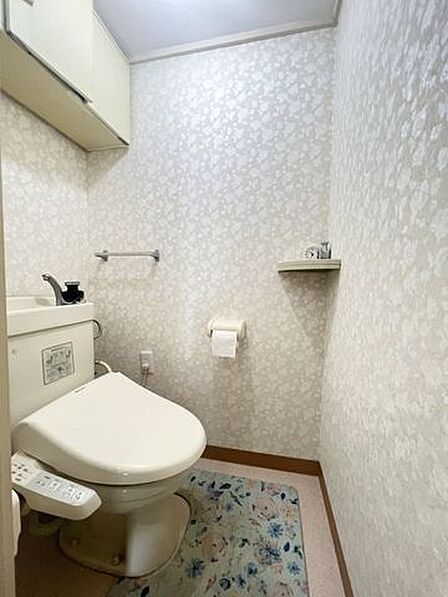 快適な温水洗浄機能付。トイレ周りで利用する小物の収納に嬉しい収納棚付。