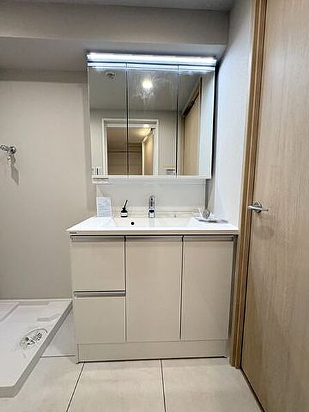 細かなものが多くて雑になりがちなサニタリー。そんな悩みを解決してくれる収納スペースが設けられた洗面化粧台。