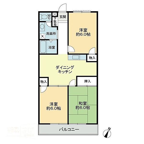 フォブールたかぎ 201｜香川県綾歌郡宇多津町浜九番丁(賃貸アパート3DK・2階・57.75㎡)の写真 その2