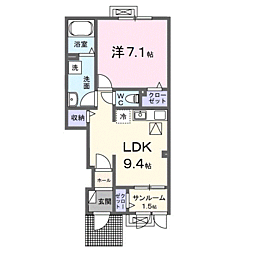 アムール・Ｋ 1階1LDKの間取り