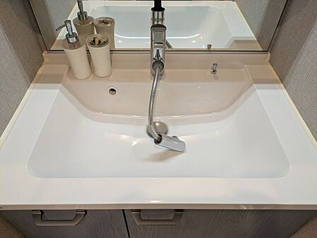 朝の身支度もしやすい広めの洗面台です。シャワー付きなのはうれしいですね！ 