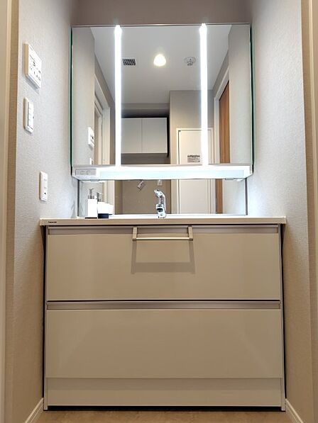 白を基調とした清潔感のあるパウダールームです。収納が付いているので小物の収納に困りません。
