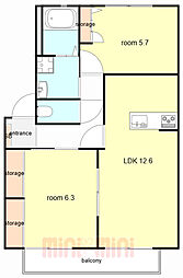 サンシャイン呉地B 2LDKの間取図画像