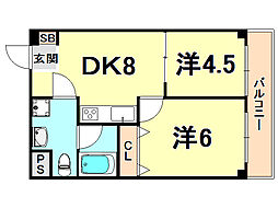 アルテシアン夙川 2DKの間取図画像