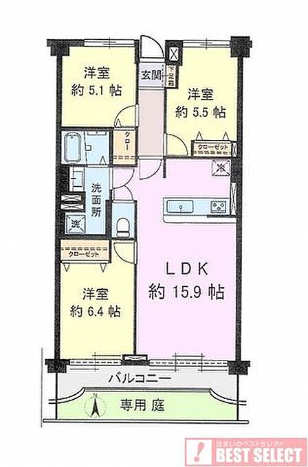 LDKは約15.9帖のゆとりある空間です。専用庭付きで1階ならではのプライベート空間です。