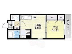 セレニティ小若江B棟 1LDKの間取図画像