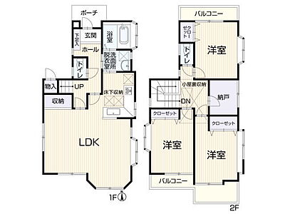 間取り：各居室収納に加えて、小屋裏収納や外部物入など豊富な収納力で使いやすい3ＳＬＤＫ！