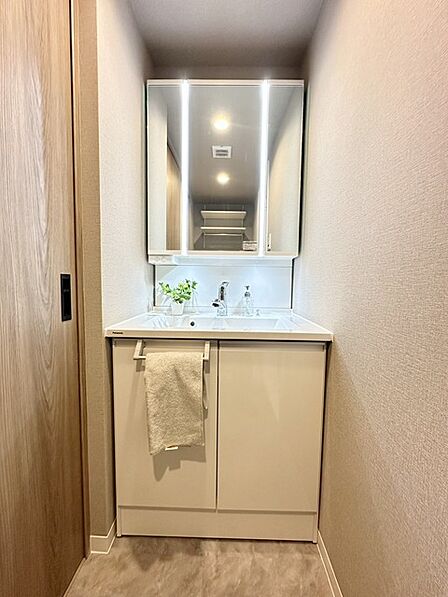 朝の身支度に便利なシャンプードレッサーはとっても便利です!シンク下の収納でアメニティ類のストックもバッチリ!