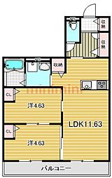 ウッディハイム高槻 2LDKの間取図画像