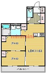 ウッディハイム高槻 2LDKの間取図画像