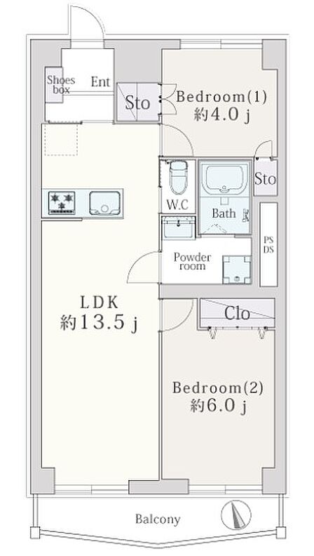 専有面積55平米の2LDK。