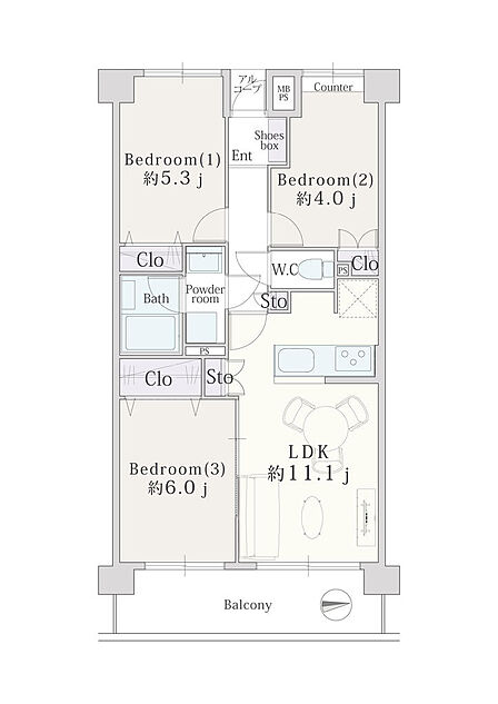 3LDK、価格5680万円、専有面積57.29m2、バルコニー面積8.4m2