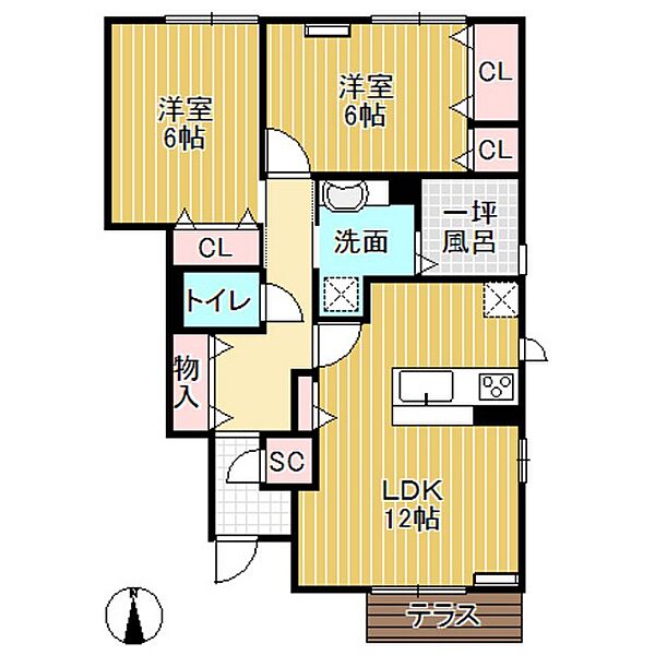 D-room椿 102｜富山県小矢部市後谷(賃貸アパート2LDK・1階・65.85㎡)の写真 その2