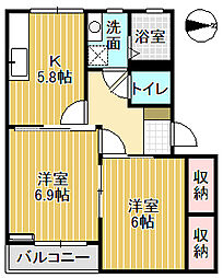ディアスとなみA棟 2Kの間取図画像