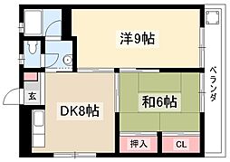 石田ハイツ 4階2DKの間取り