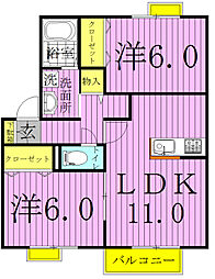 プリモ西白井B棟 2階2LDKの間取り