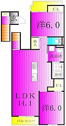 ニューサンモール・アゼリアB 2LDKの間取図画像