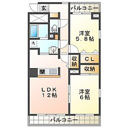 シャトーカワイ 2LDKの間取図画像
