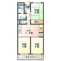 オーガイトキタオカA棟 3DKの間取図画像