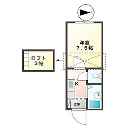マリオ笹川B 1Kの間取図画像