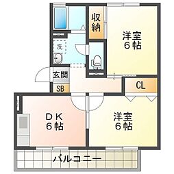 グリーンリーブスタナカ1998 2DKの間取図画像