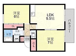 上桂サンシティB 2LDKの間取図画像