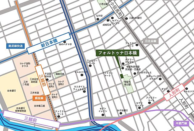 地図 フォルトゥナ日本橋〜3方角部屋×新日本橋６分〜 5階/507