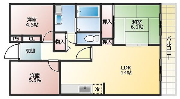 サニーコート青山 ｜大阪府八尾市青山町2丁目(賃貸マンション3LDK・5階・65.25㎡)の写真 その2