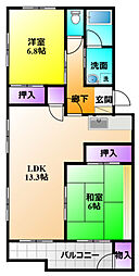 プレステージ高丘 2LDKの間取図画像
