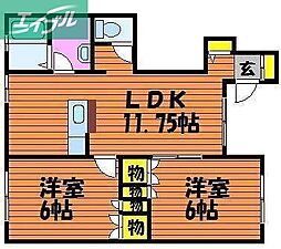 アロース牟佐 2LDKの間取図画像